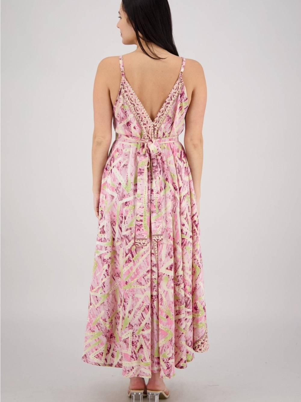 New One Size Floral Pink V-Neck Maxi Dress with Spaghetti Straps - Picture 2 of 2